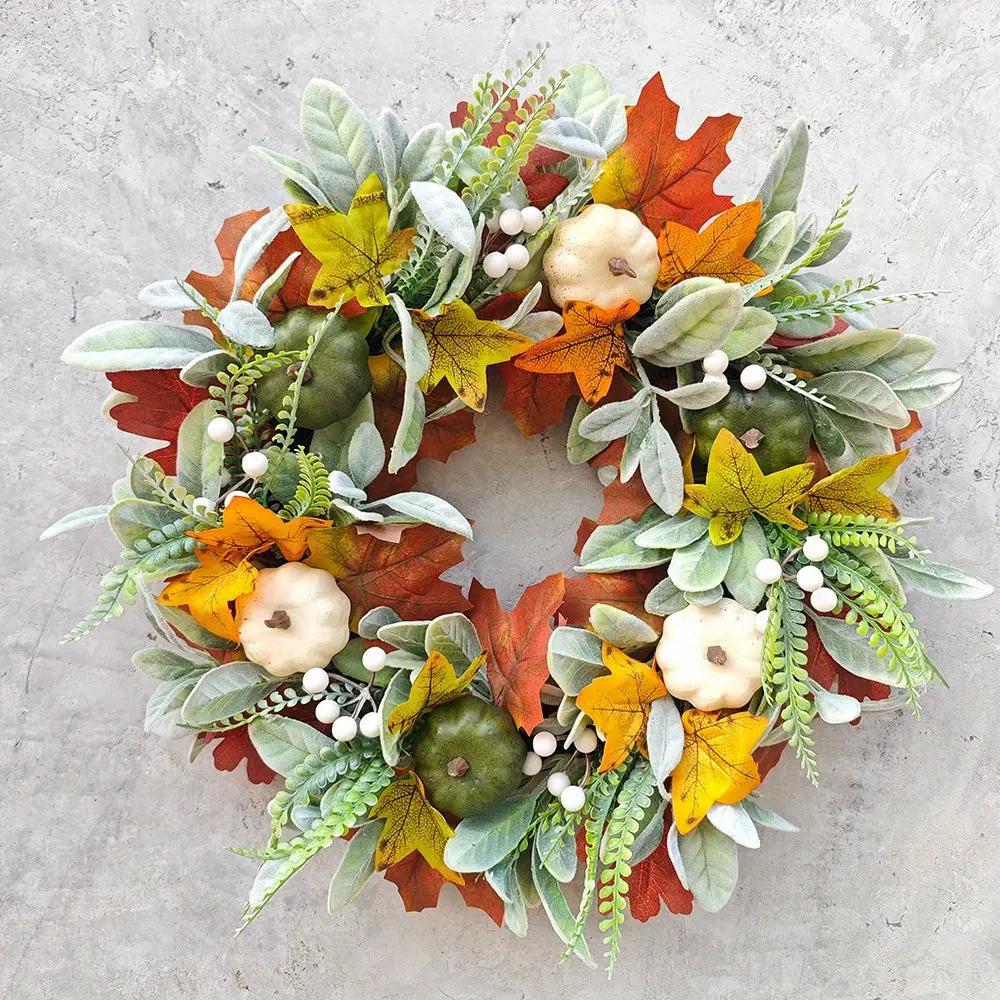White Pumpkin Fall Wreaths, Thanksgiving Wreaths, White Pumpkin Maple Leaf Wreath, Harvest Festival Pumpkin Maple Leaves Humana Conditio LLC