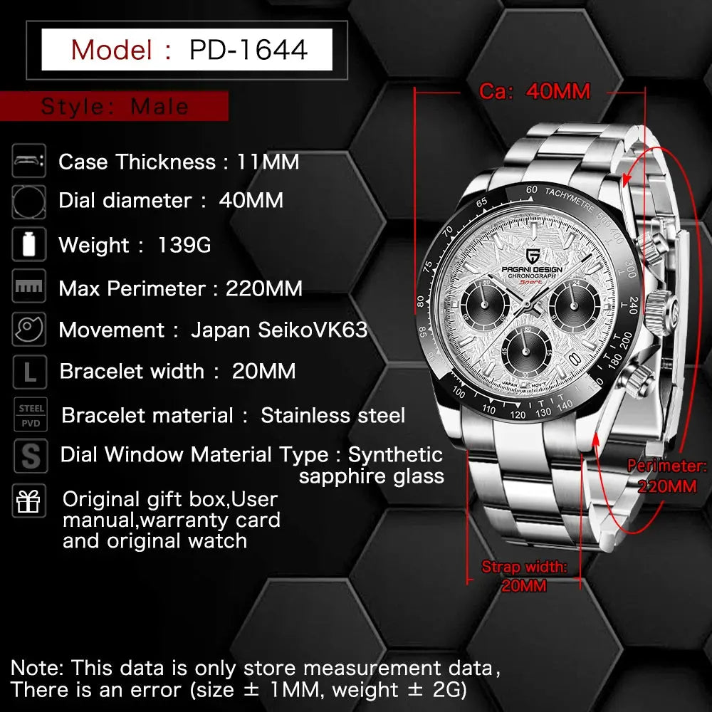 PAGANI DESIGN 2024 New PD-1644 Meteorite Dial Fashion Men Quartz Wristwatches 100M Sapphire Glass Chronograph relogio masculino Humana Conditio LLC