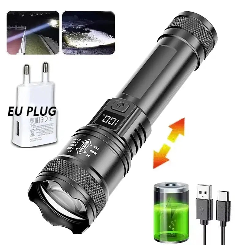 High-power Led Flashlight USB Rechargeable Torch with Display Zoomable Light with Battery Camping Hiking Lantern Emergency Lamp Humana Conditio LLC