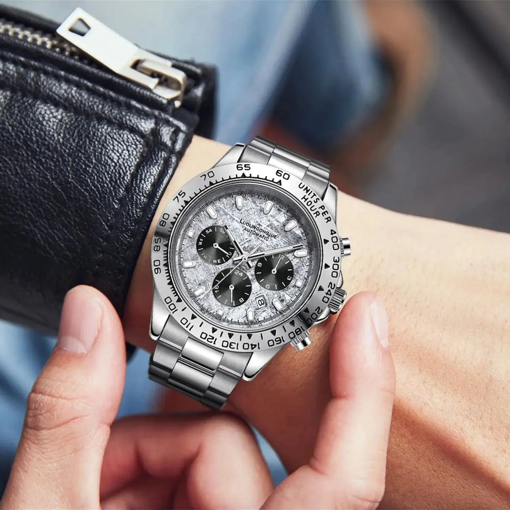 Meteorite Di Series Business Men's Mechanical Watch, Three-Eye Six-Hand Multi-Function Fully Automatic Mechanical Watch, Men's Watch with Skeleton Design, Fashionable Business Casual Watch, High-End Gift Humana Conditio LLC