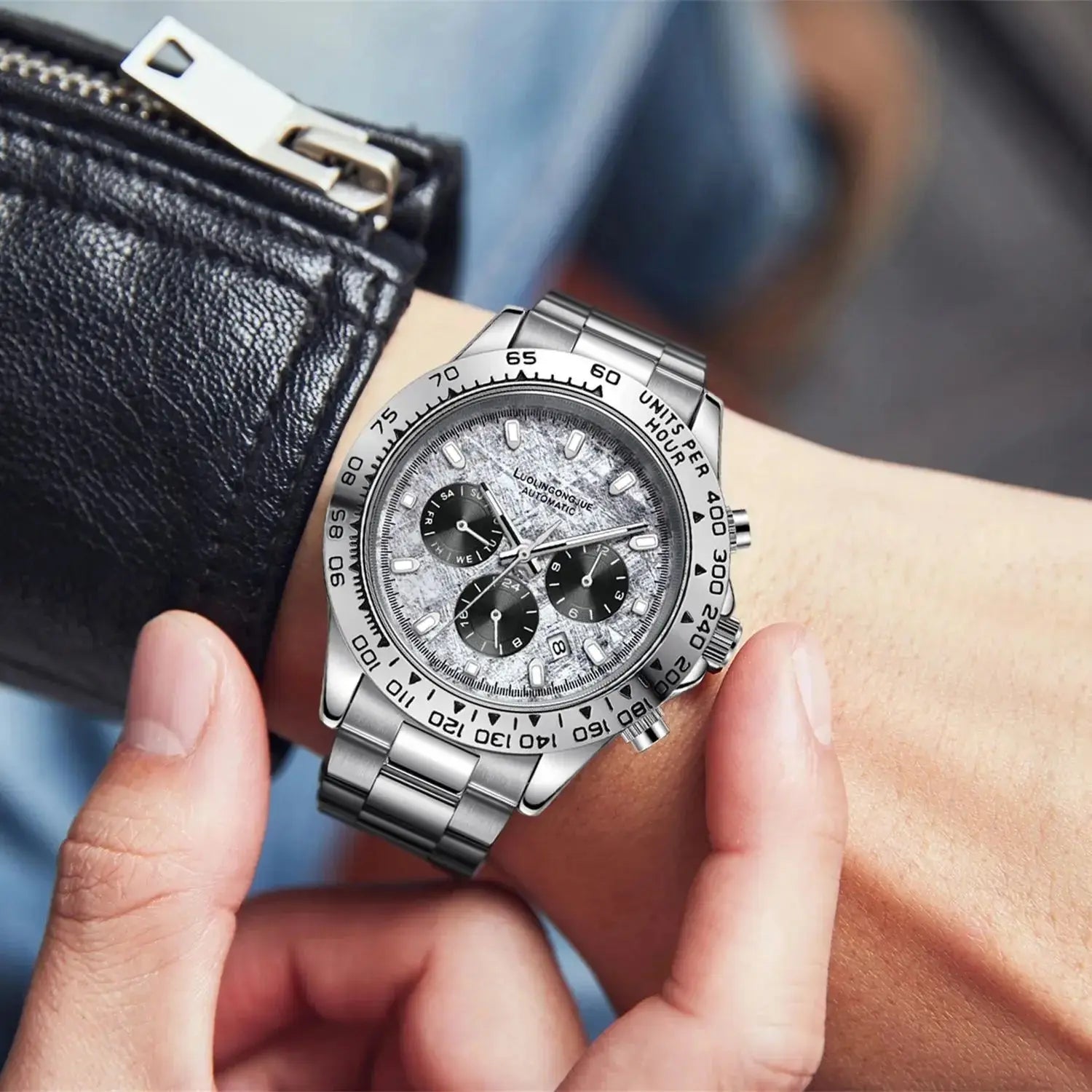 Meteorite Di Series Business Men's Mechanical Watch, Three-Eye Six-Hand Multi-Function Fully Automatic Mechanical Watch, Men's Watch with Skeleton Design, Fashionable Business Casual Watch, High-End Gift Humana Conditio LLC