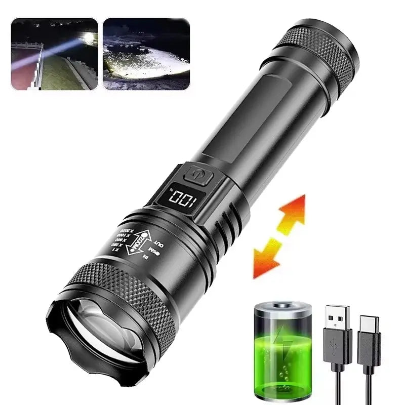 High-power Led Flashlight USB Rechargeable Torch with Display Zoomable Light with Battery Camping Hiking Lantern Emergency Lamp Humana Conditio LLC