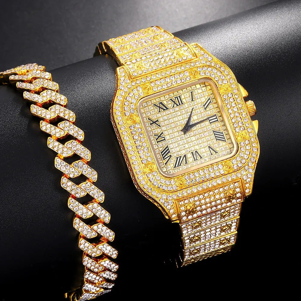 Luxury Moissanite Iced Out Watches Hip Hop Bust Down Unisex Diamond Watch, Stainless Steel Moissanite Studded Wrist Watch Humana Conditio LLC