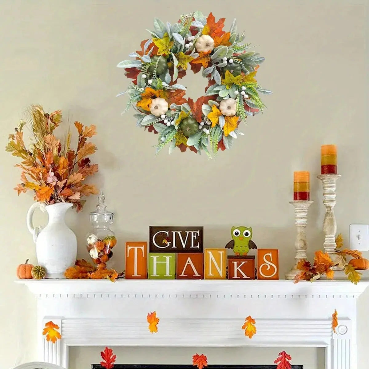 White Pumpkin Fall Wreaths, Thanksgiving Wreaths, White Pumpkin Maple Leaf Wreath, Harvest Festival Pumpkin Maple Leaves Humana Conditio LLC
