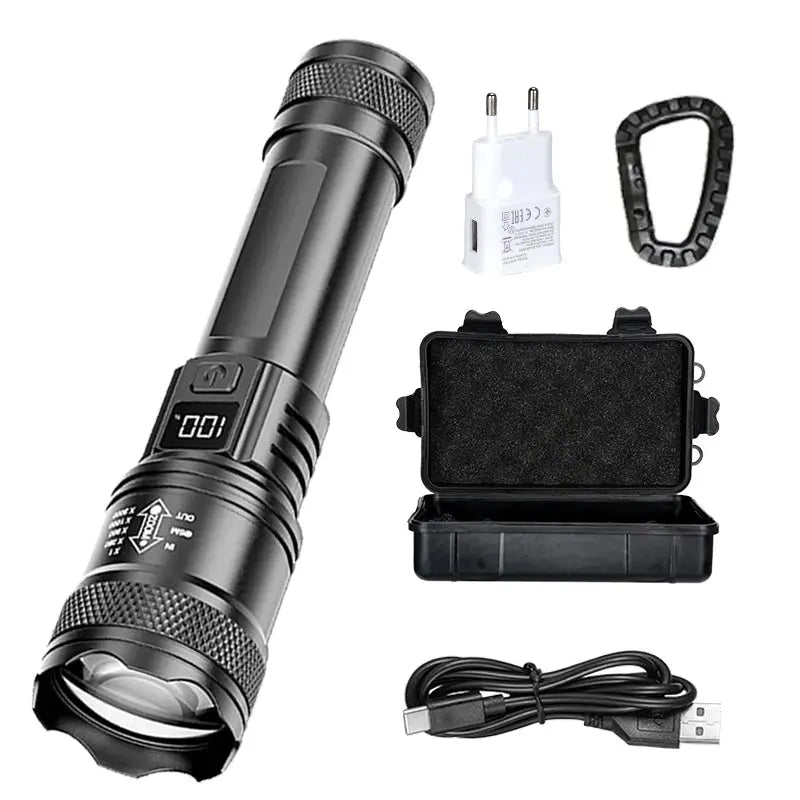 Rechargeable LED Flashlight Zoomable Torch with LCD Display 3 Modes Waterproof High Power Hand Light Outdoor Wilderness Camping Humana Conditio LLC