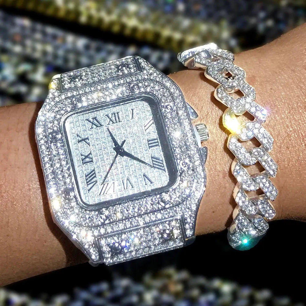Luxury Moissanite Iced Out Watches Hip Hop Bust Down Unisex Diamond Watch, Stainless Steel Moissanite Studded Wrist Watch Humana Conditio LLC
