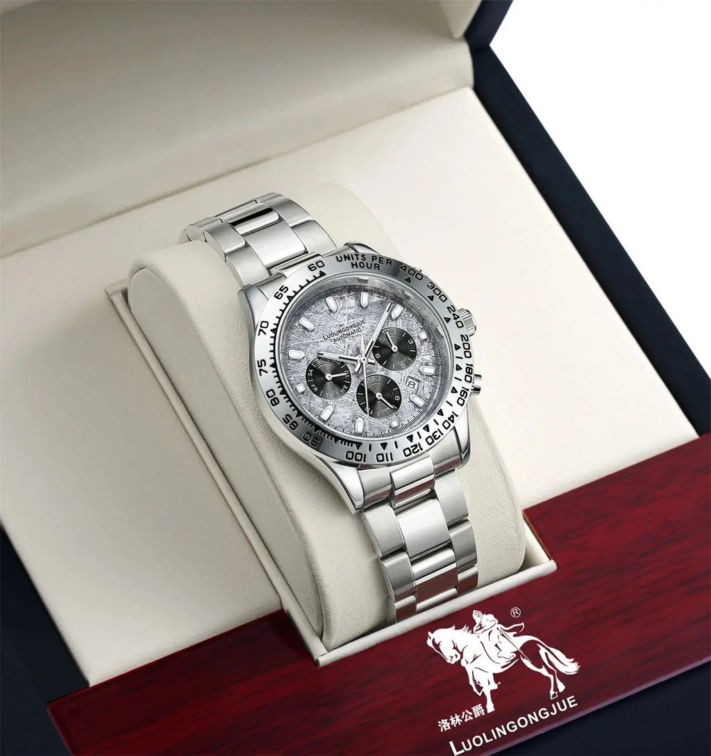 Meteorite Di Series Business Men's Mechanical Watch, Three-Eye Six-Hand Multi-Function Fully Automatic Mechanical Watch, Men's Watch with Skeleton Design, Fashionable Business Casual Watch, High-End Gift Humana Conditio LLC