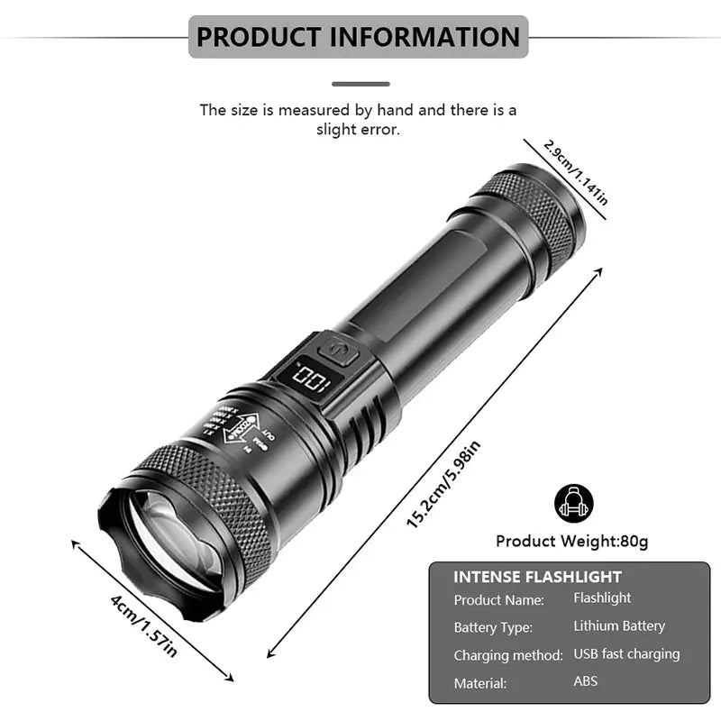 Rechargeable LED Flashlight Zoomable Torch with LCD Display 3 Modes Waterproof High Power Hand Light Outdoor Wilderness Camping Humana Conditio LLC