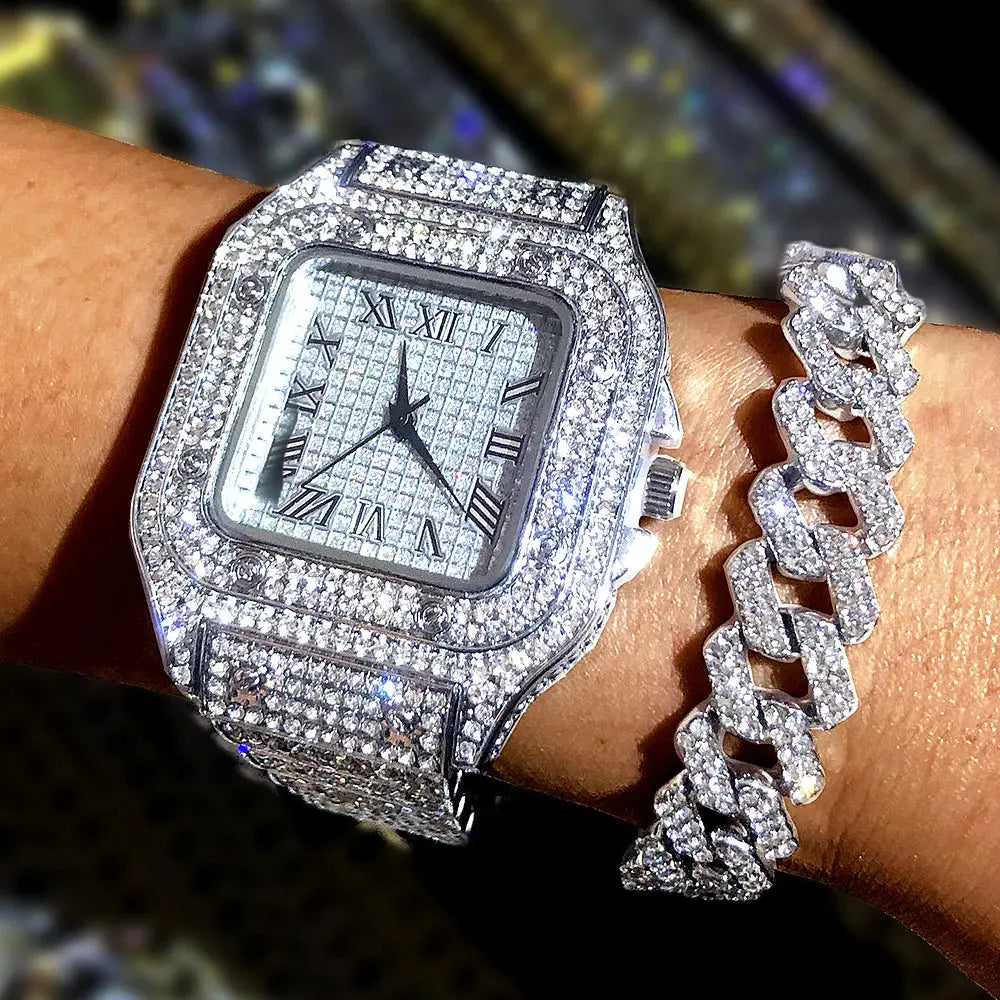 Luxury Moissanite Iced Out Watches Hip Hop Bust Down Unisex Diamond Watch, Stainless Steel Moissanite Studded Wrist Watch Humana Conditio LLC