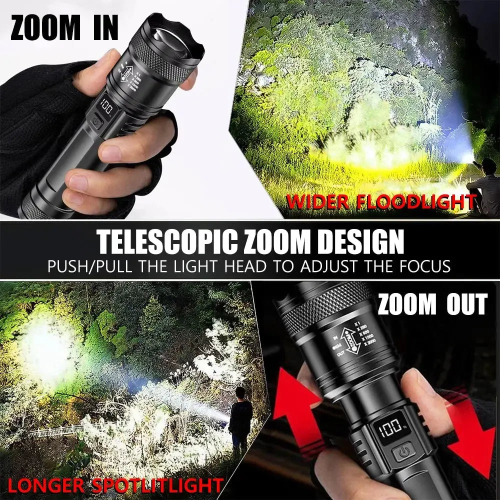 High-power Led Flashlight USB Rechargeable Torch with Display Zoomable Light with Battery Camping Hiking Lantern Emergency Lamp Humana Conditio LLC