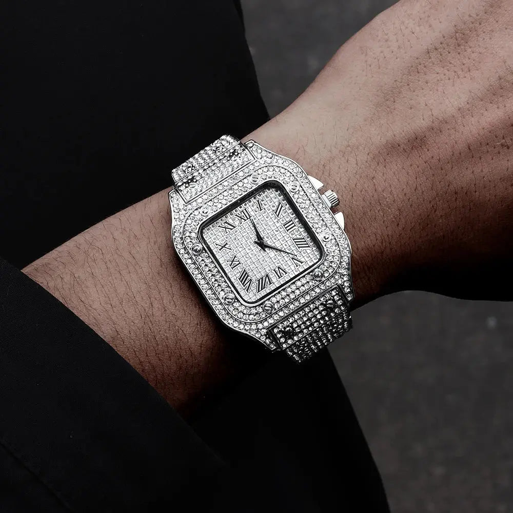 Luxury Moissanite Iced Out Watches Hip Hop Bust Down Unisex Diamond Watch, Stainless Steel Moissanite Studded Wrist Watch Humana Conditio LLC