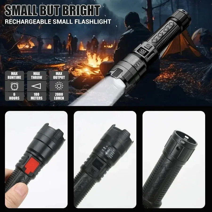 High Power 2000LM LED Flashlight Built-in Battery USB Rechargeable Strong Light Tactical Torch Outdoor Camping Hiking Lantern Humana Conditio LLC