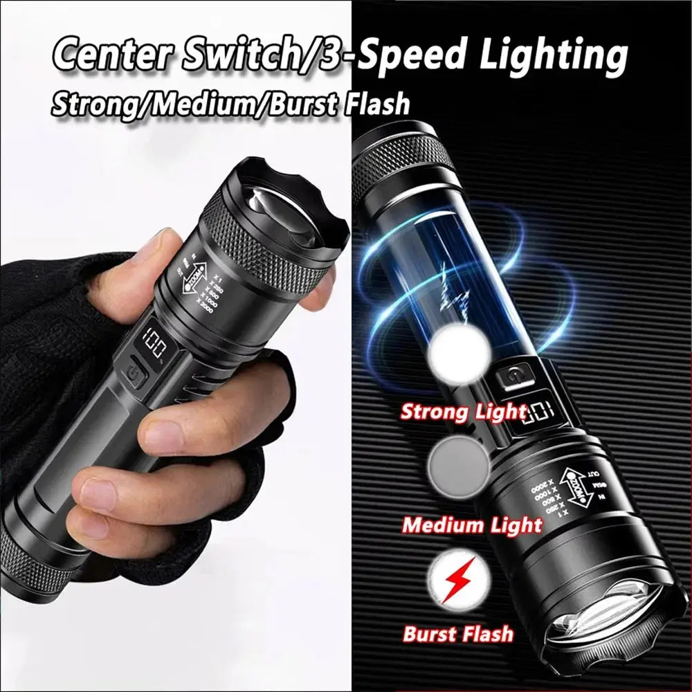 High-power Led Flashlight USB Rechargeable Torch with Display Zoomable Light with Battery Camping Hiking Lantern Emergency Lamp Humana Conditio LLC