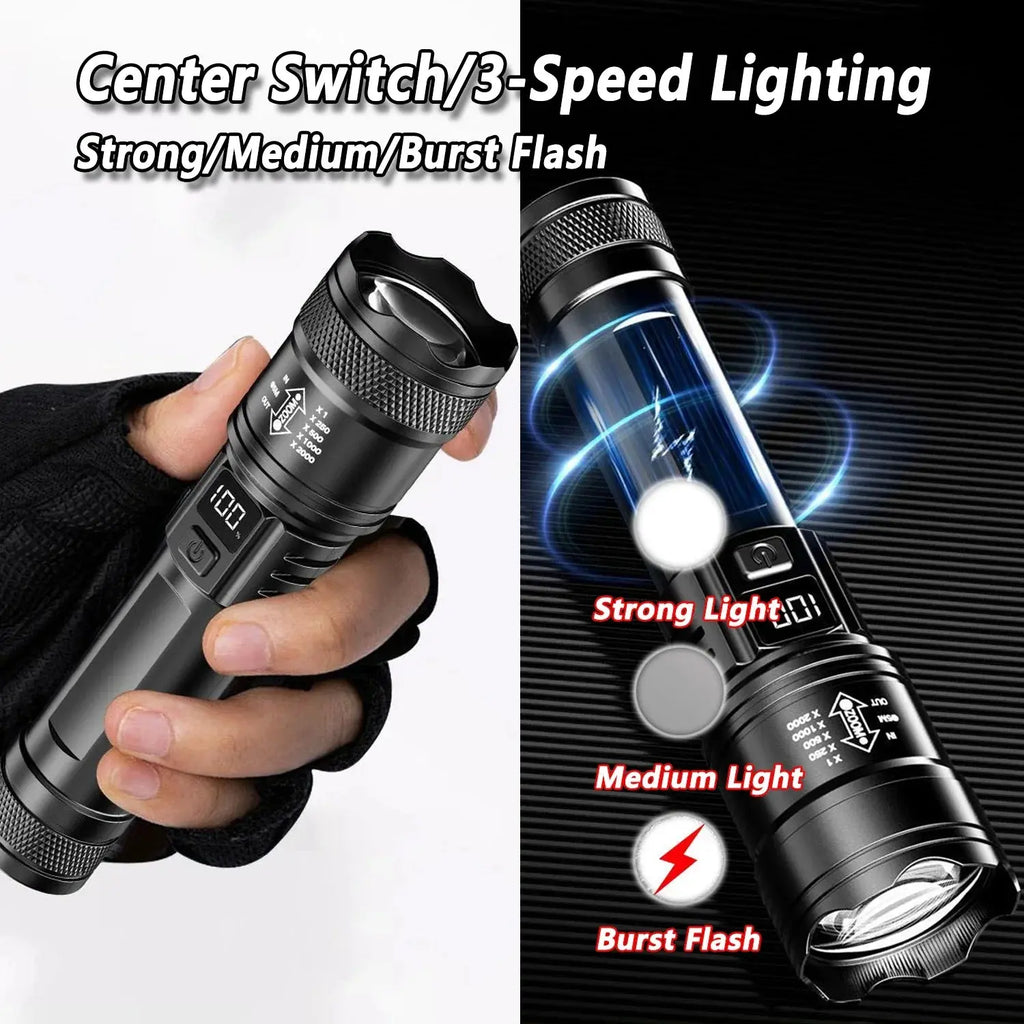 Rechargeable LED Flashlight Zoomable Torch with LCD Display 3 Modes Waterproof High Power Hand Light Outdoor Wilderness Camping Humana Conditio LLC